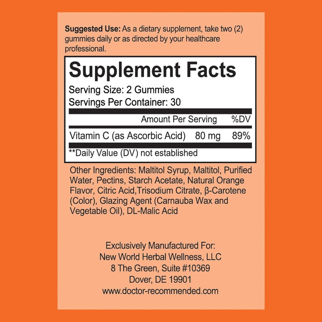 Vitamin C Gummies for Adults and Kids - 80mg Vit C Per Serving as Ascorbic Acid - Pectin Based Gummy Immune Support with No High Fructose Corn Syrup, Gluten or Artificial Sweeteners - 60 Gummies 3