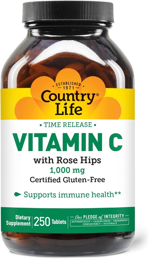 Country Life Time Release Vitamin C with Rose Hips, Supports Immune Health, 1,000mg, 250 Tablets, Certified Gluten Free, Certified Vegan 2