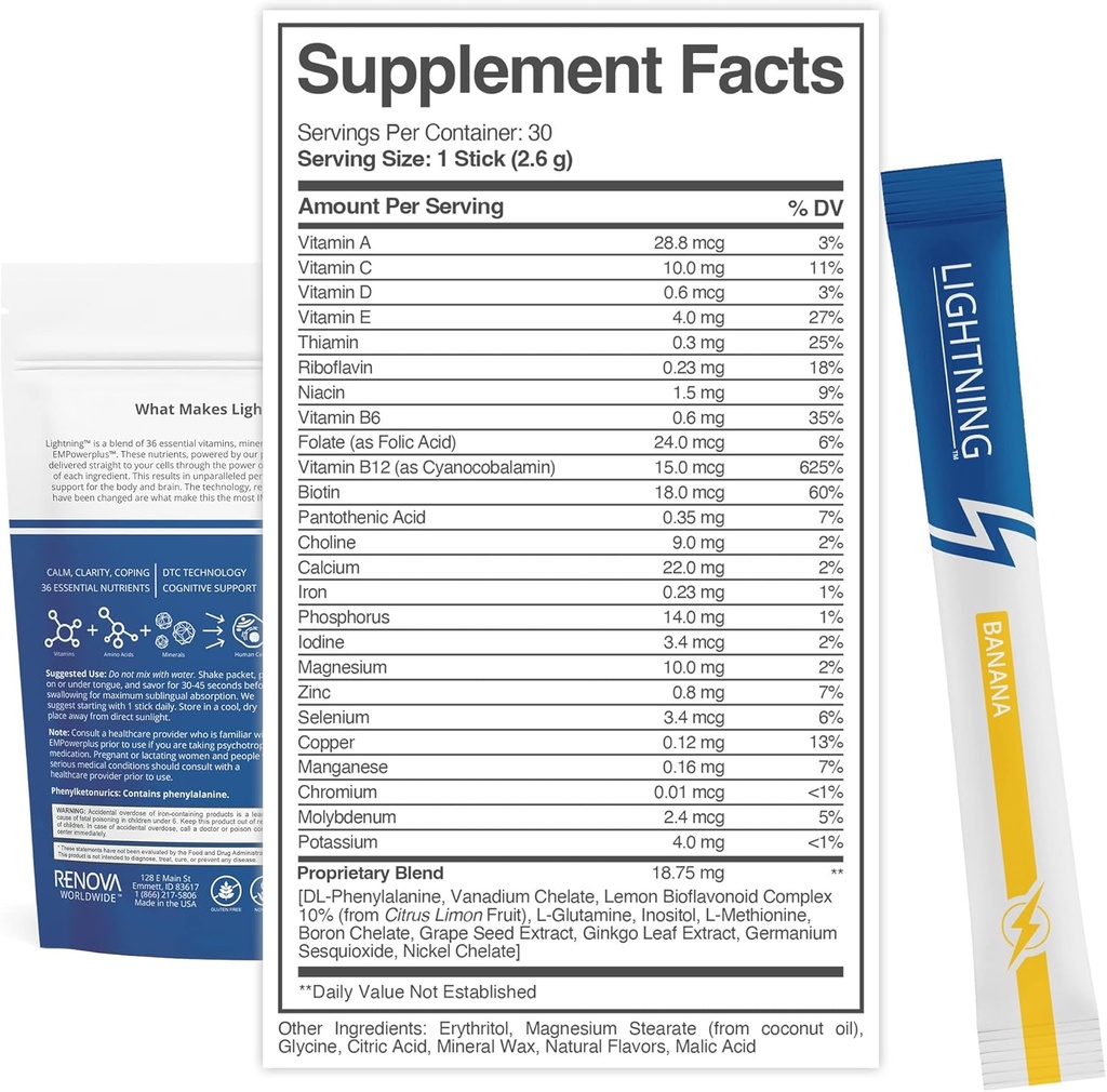 Lightning Daily Multivitamin Supplement - Vitamins and Minerals for Mental Function, Energy Support, and Physical Well-Being - Direct-to-Mouth, 30 Sticks - Banana 3