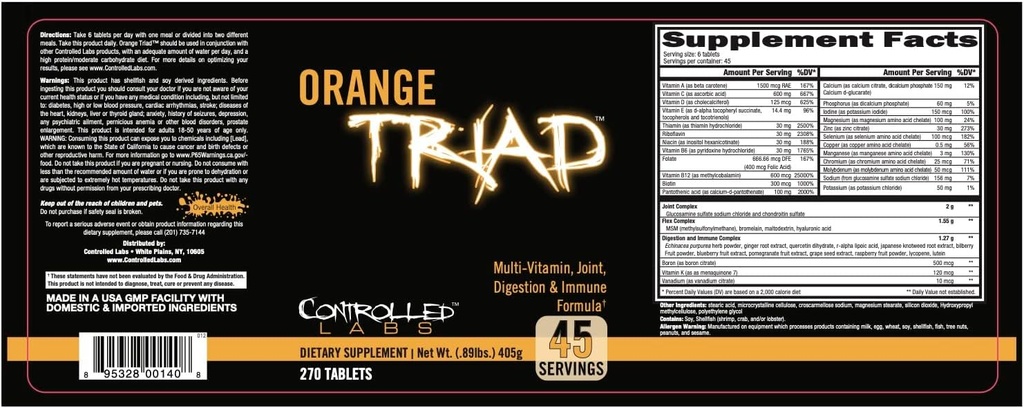 CONTROLLED LABS Orange Triad Daily Multivitamin, Iron Free Sports Supplement for Workout, Digestion, Immune, and Joints, 45 serv - Tablets (270 Count (Pack of 1)) 5