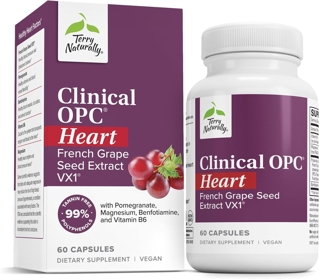 Terry Naturally Clinical OPC Heart - Heart Health Supplement with Magnesium, Vitamin B6, Grape Seed Extract - Dietary Supplement for Artery Health & Circulation - 60 Capsules 2