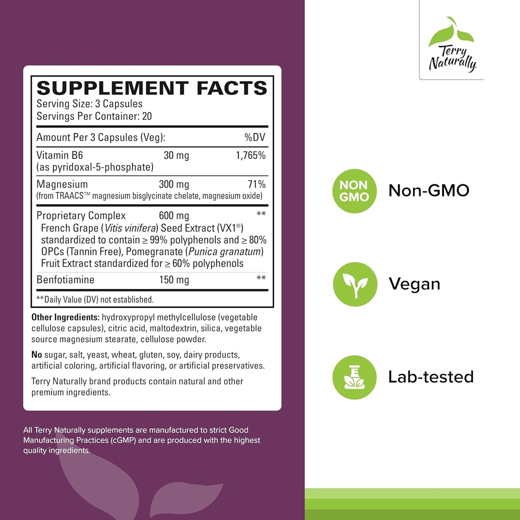 Terry Naturally Clinical OPC Heart - Heart Health Supplement with Magnesium, Vitamin B6, Grape Seed Extract - Dietary Supplement for Artery Health & Circulation - 60 Capsules 3