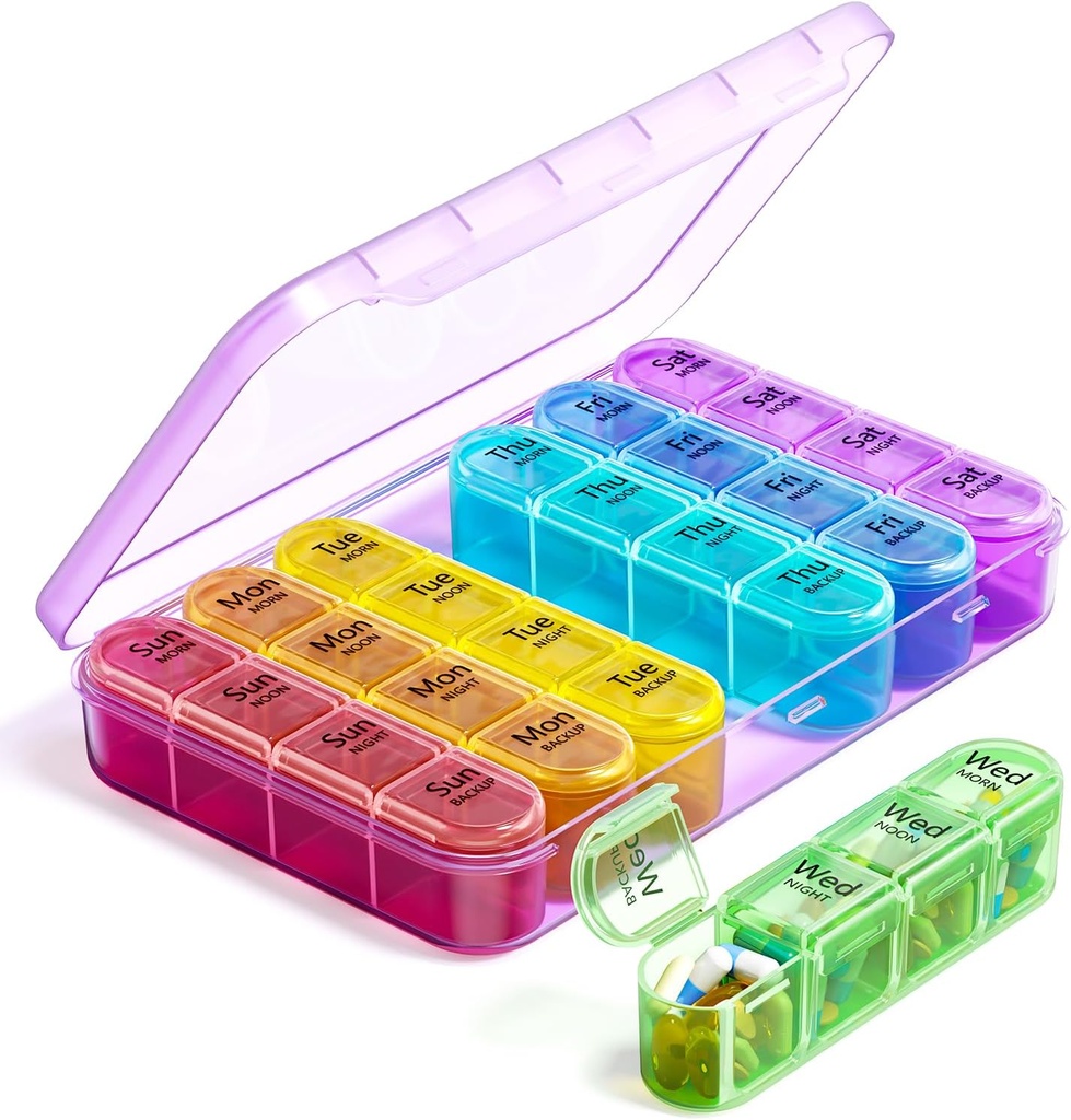 Odaro Weekly Pill Organizer 4 Times a Day, Daily Pill Box 7 Day, Large Travel Pill Case with 28 Compartment to Hold Medicine, Vitamin and Supplement - Purple Case 2