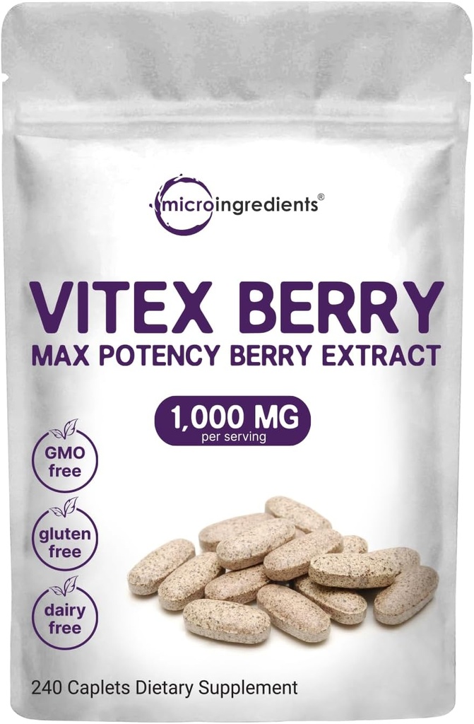Micro Ingredients Vitex Berry Supplement, 1,000mg Per Serving, 240 Caplets | Potent Chaste Tree Berry Extract | Promotes Menstrual, Fertility, & Hormone Balance for Women | Non-GMO 2