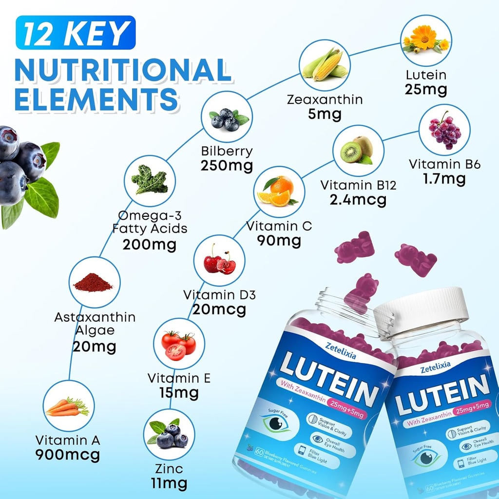 2 Pack Lutein Gummies, 12 in 1 Lutein and Zeaxanthin Supplements Eye Vitamins Gummies for Adults, Eye Health Supplement with Multiple Vitamin for Promoting Eye & Vision - 120 Gummies 6