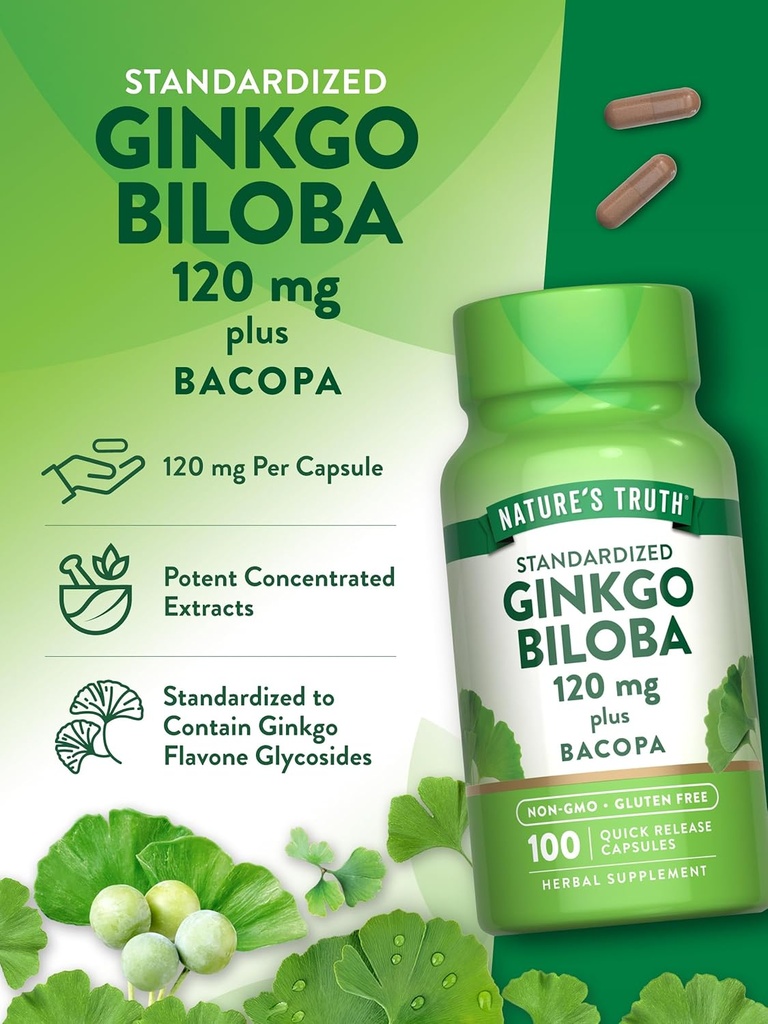 Nature's Truth Ginkgo Biloba 120mg | Plus Bacopa | 100 Quick Release Capsules | Standardized Extract | Non-GMO and Gluten Free Supplement 6