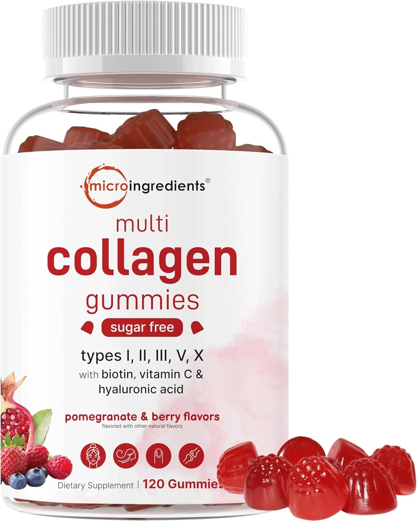 Micro Ingredients Multi Collagen Peptides, 120 Collagen Gummies | Type I,II,III,V,X Protein with Biotin, Hyaluronic Acid, & Vitamin C Complex | Pomegranate & Berry Flavored | Sugar Free, Non-GMO 2