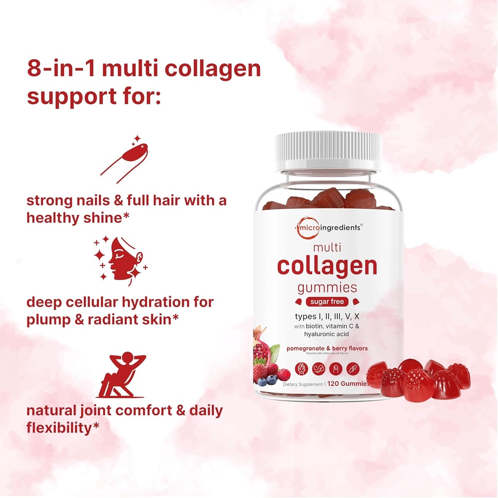 Micro Ingredients Multi Collagen Peptides, 120 Collagen Gummies | Type I,II,III,V,X Protein with Biotin, Hyaluronic Acid, & Vitamin C Complex | Pomegranate & Berry Flavored | Sugar Free, Non-GMO 4