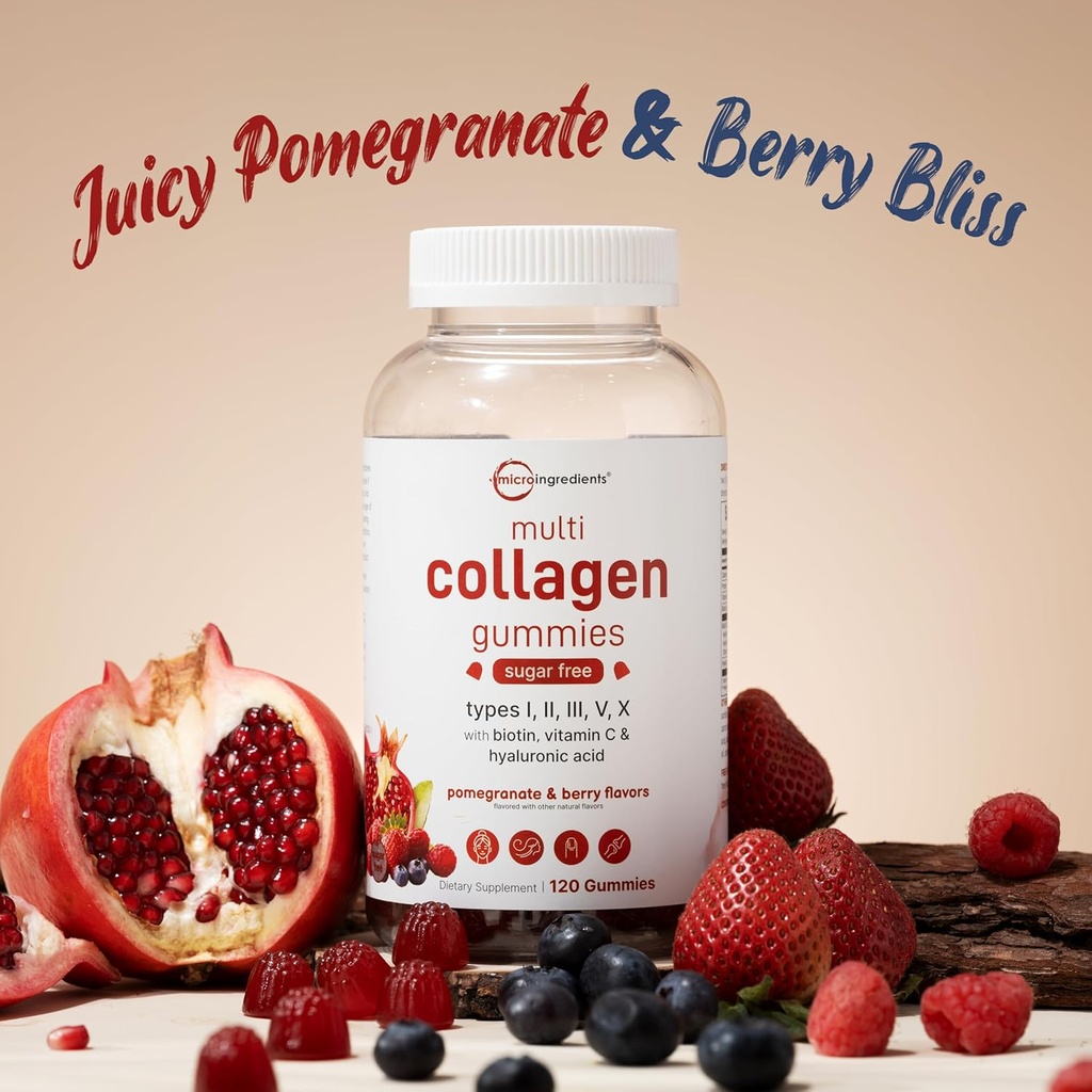 Micro Ingredients Multi Collagen Peptides, 120 Collagen Gummies | Type I,II,III,V,X Protein with Biotin, Hyaluronic Acid, & Vitamin C Complex | Pomegranate & Berry Flavored | Sugar Free, Non-GMO 6