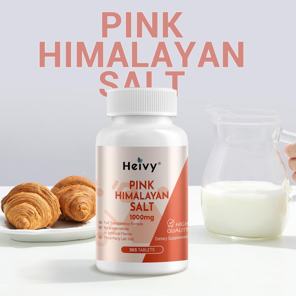Heivy Pink Himalayan Salt Tablets 1000mg - Sodium Chloride 988mg, Non-GMO, Mineral-Rich Electrolyte Balance and Hydration, 365 Salt Tablets-Eectrolyte Supplement 5