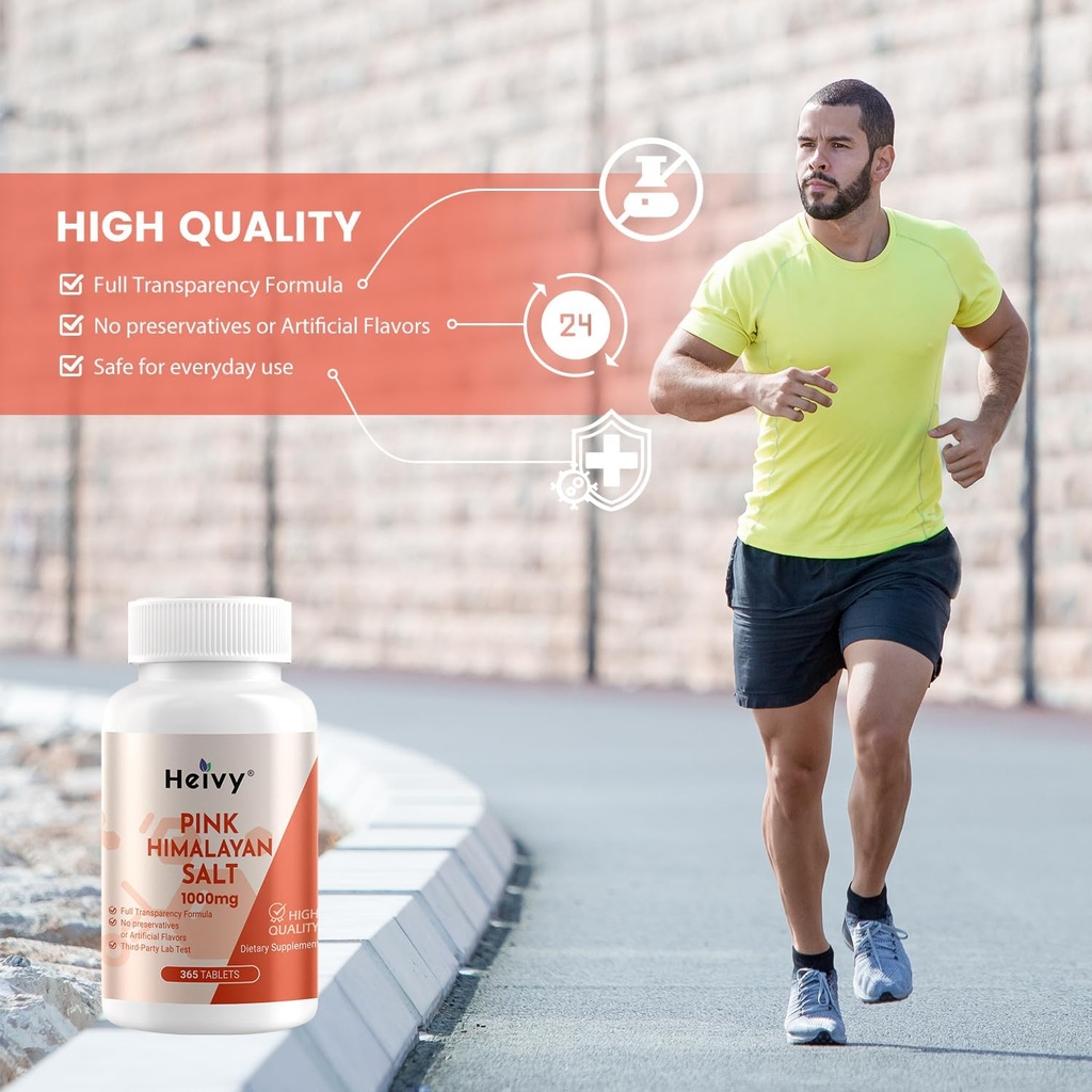 Heivy Pink Himalayan Salt Tablets 1000mg - Sodium Chloride 988mg, Non-GMO, Mineral-Rich Electrolyte Balance and Hydration, 365 Salt Tablets-Eectrolyte Supplement 6