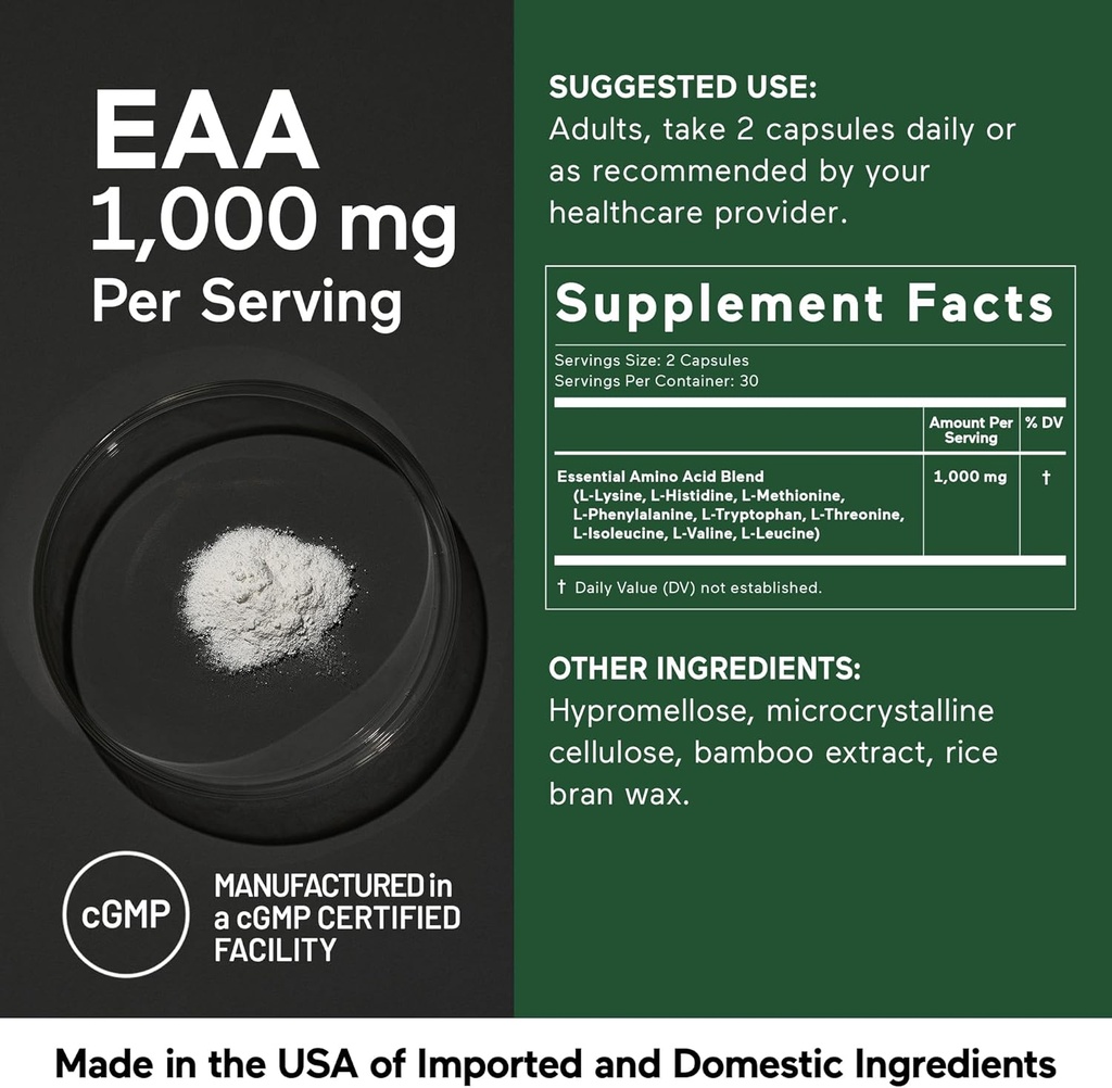 SMARTERNUTRITION Essential Amino Acids (EAA) Capsules - 1 Gram Per Serving of All 9 EAAs - Supports Muscle Mass & Exercise - Non-GMO, Vegan, Gluten Free - 60 Count[30-Day Supply] 5