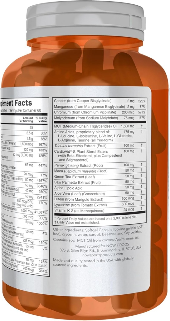 NOW Foods Sports Nutrition, Men's Extreme Sports Multi with Free-Form Amino Acids, ZMA®, Tribulus, MCT Oil, and Herbal Extracts, 180 Softgels 4