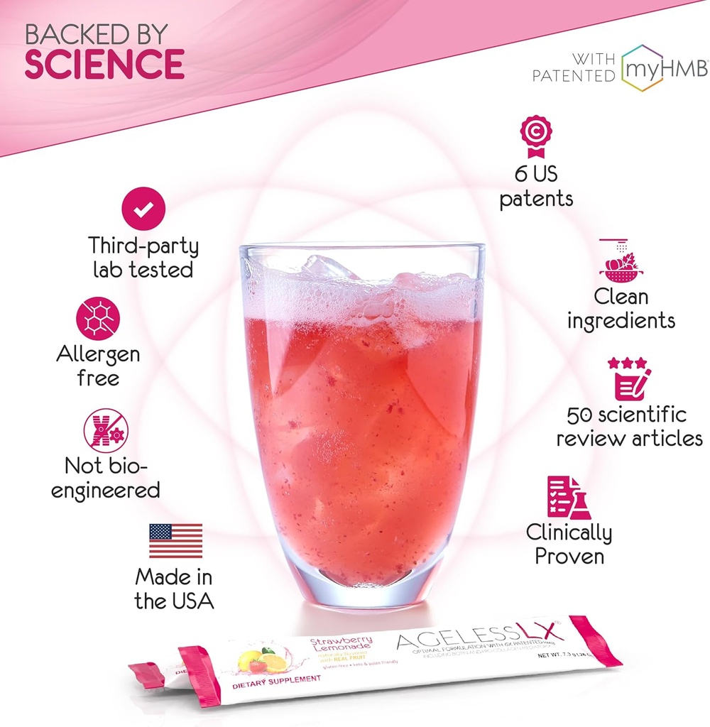 AgelessLX Powder Supplement for Women - with HMB Collagen Enhancer Plus Vitamin D3 with K2, Horsetail and Biotin for Lean Muscle and Stronger Hair and Nails - 30 Powder Packets Strawberry Lemonade 6