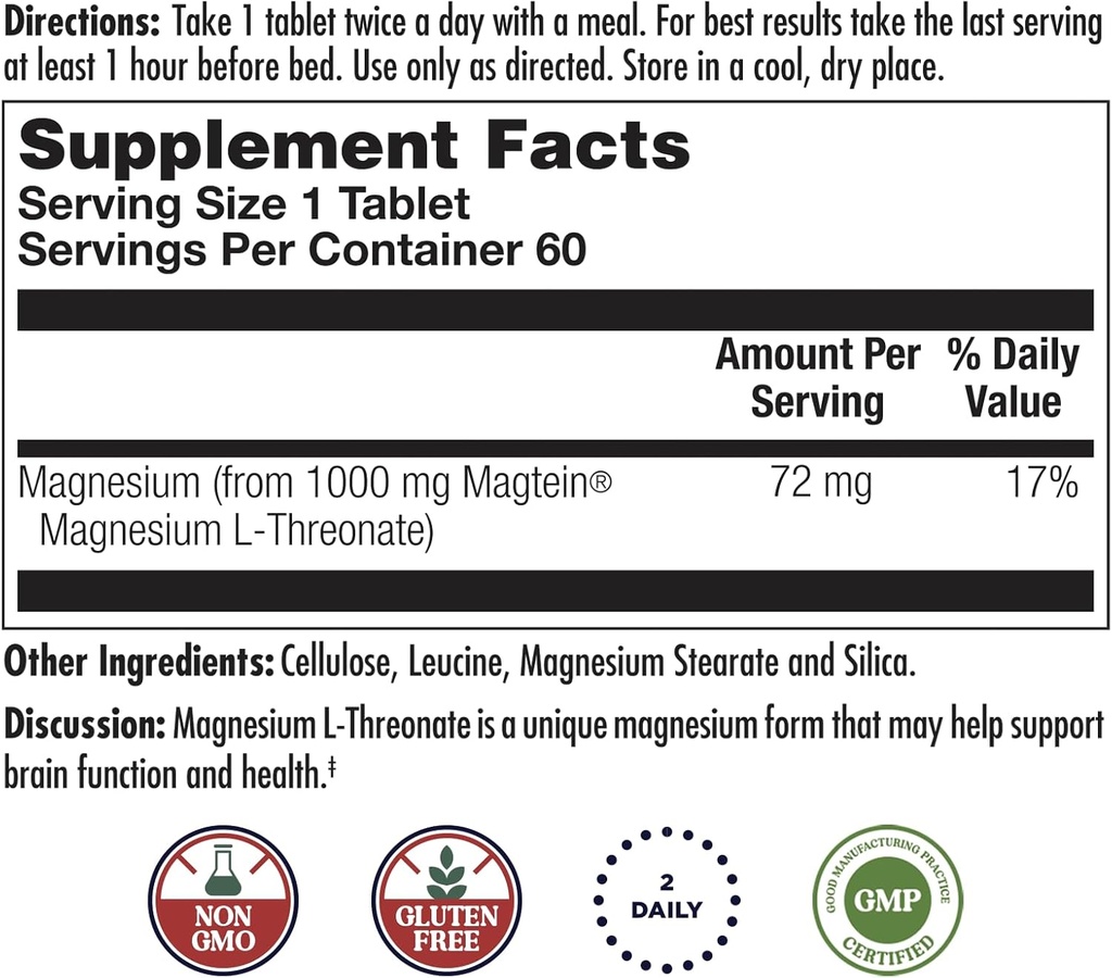 KAL Think Magnesium L-Threonate 2000 mg | Learning, Brain Health & Memory Function Support w/Magtein | Vegan, No Gluten & Non-GMO | 60 Tablets 3
