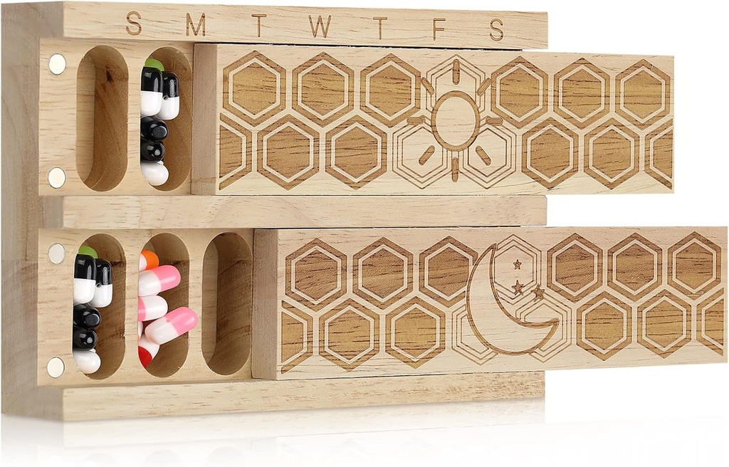 Chengu Wood 7 Day Weekly Pill Organizer Vitamin Dispenser Wooden Pill Case Container Box for Vitamin Fish Oil Pills Supplements, Arthritis Friendly, Outdoor Travel 2