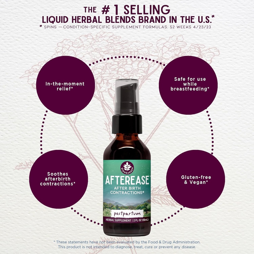 WishGarden Herbs AfterEase for After Birth Contractions - All-Natural Herbal Supplement with Cramp Bark & Black Haw Bark Soothes Afterbirth Contractions & Uterine Cramping, Postpartum Essentials, 4oz 4