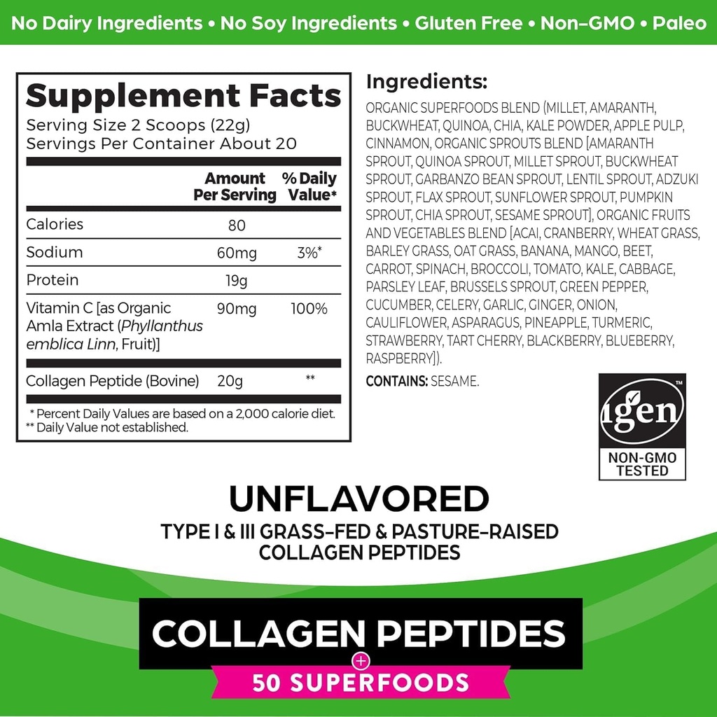 Orgain Hydrolyzed Collagen Powder + 50 Organic Superfoods, 20g Grass Fed Collagen Peptides & Hydrolyzed Collagen Peptides Powder, 20g Grass Fed Collagen - Hair, Skin, Nail & Joint 4