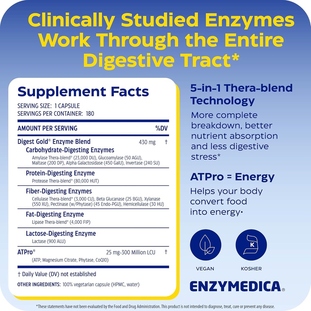 Enzymedica Digest Gold + ATPro, Maximum Strength, Fast-Acting, Helps Digest Large Meals, Prevents Bloating and Gas, 180 Count (FFP) 3