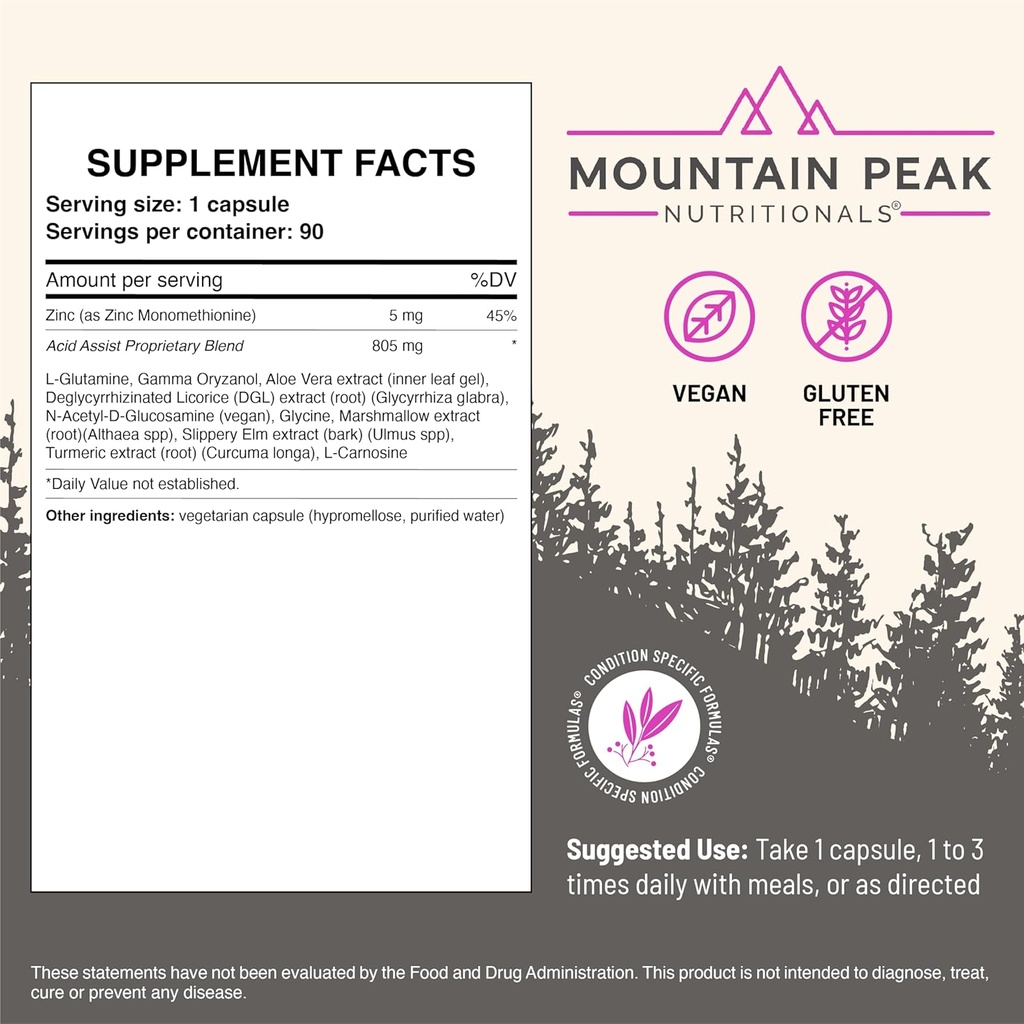 Mountain Peak Nutritionals Acid Assist Formula - Gastrointestinal Support Supplement - Helps with Symptoms of Occasional Heartburn & Stomach Acid - Hypoallergenic Dietary Supplement (90 Capsules) 4