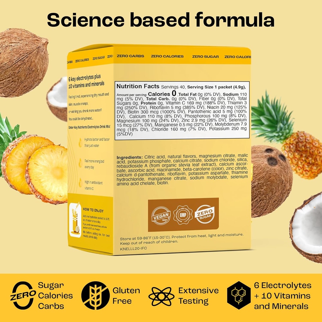 KEY NUTRIENTS Electrolytes Powder Packets - Tropical Pineapple Coconut 40 Pack Hydration Packets - Travel Hydration Powder - No Sugar, No Calories, Gluten Free Keto Electrolytes Powder - Made in USA 6