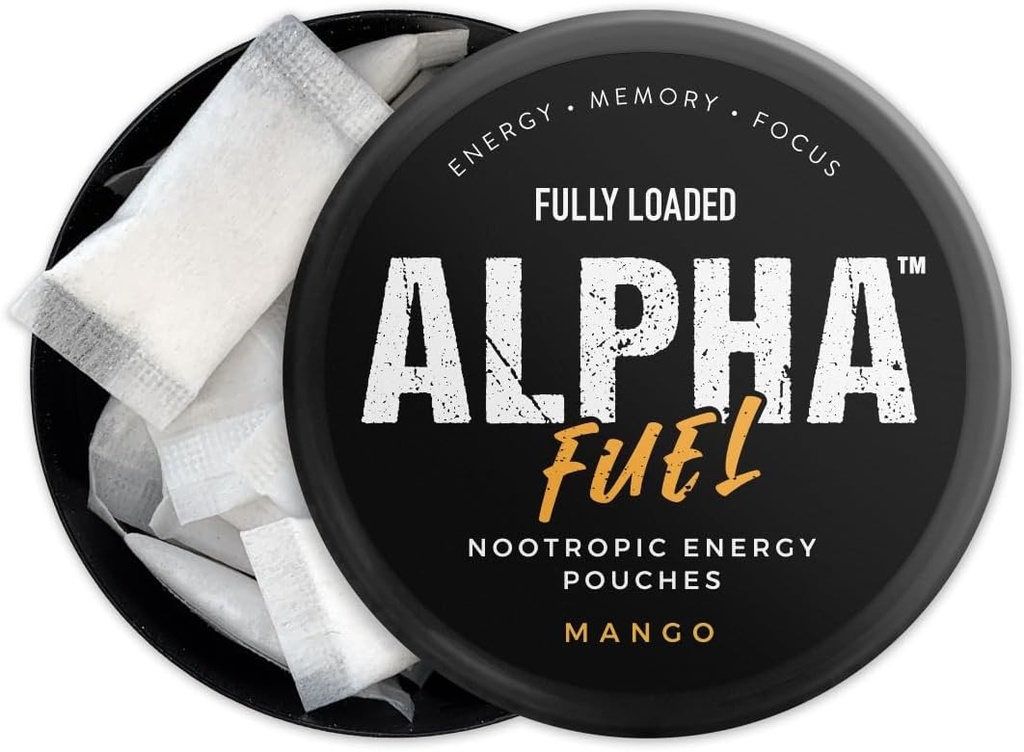 Fully Loaded Alpha Fuel Nootropic Pouches (Mango Fuel) - 5 cans, 15 Pouches per can - Energy Pouches containing Caffeine and nootropic Blend 3