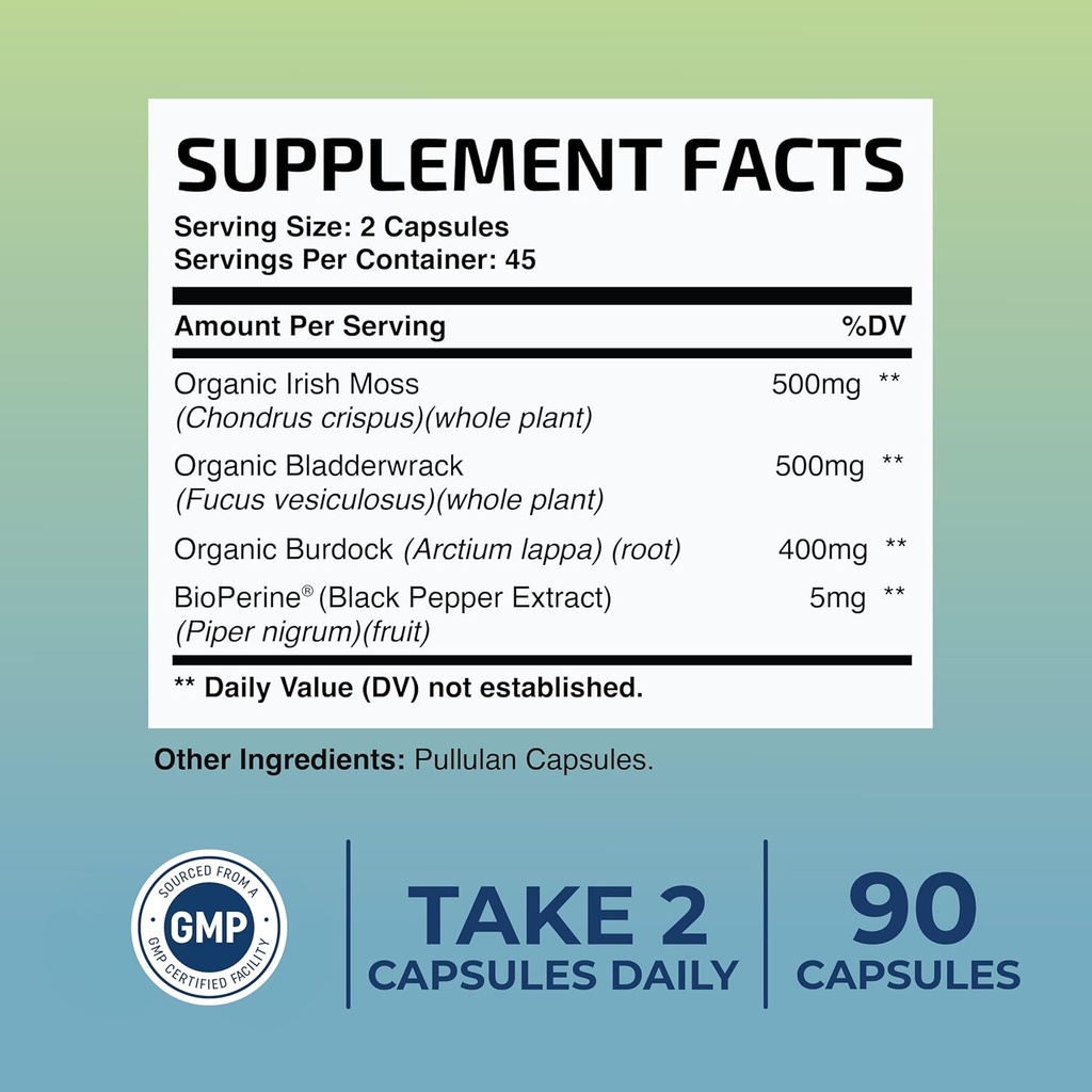 Irish Sea Moss Capsules | with Organic Irish Moss, 300mg Burdock Root & 500mg Bladderwrack Powder | 45-Day Supply | 1300mg Complex | Provides Iodine for Thyroid & Immune Support | 90 Veggie Pills 6