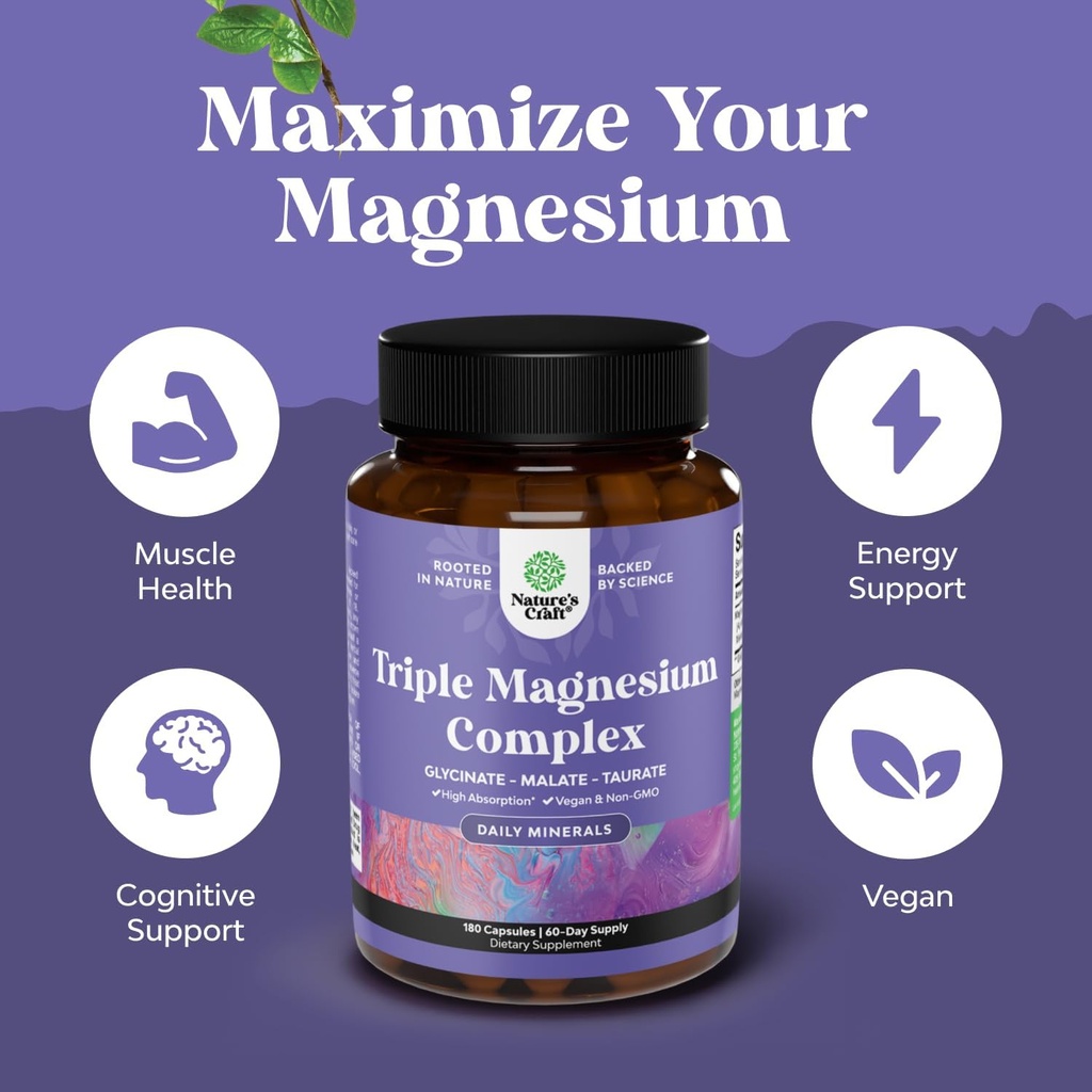 Triple Magnesium Complex Supplement - High Absorption Magnesium Glycinate, Malate & Taurate Blend for Muscles Energy Support & Heart Health - Triple Mg Complex 400 mg Capsules - 180 Count 5