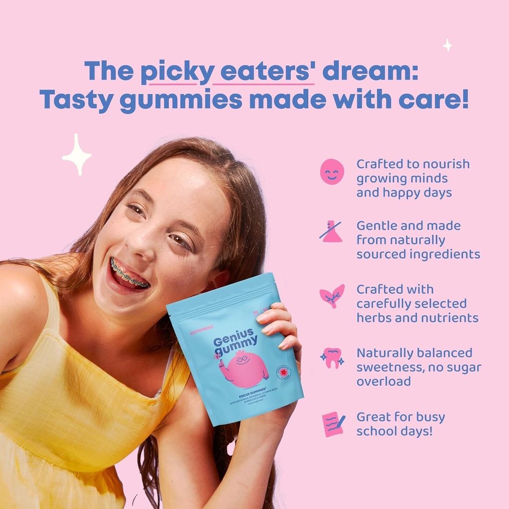 JoySpring Genius Kids Focus Gummies – Natural Herbal Brain Supplement for Kids | Vegan, Gluten-Free, Sugar-Free with Bacopa, Gotu Kola, Rhodiola – 60 Count 3