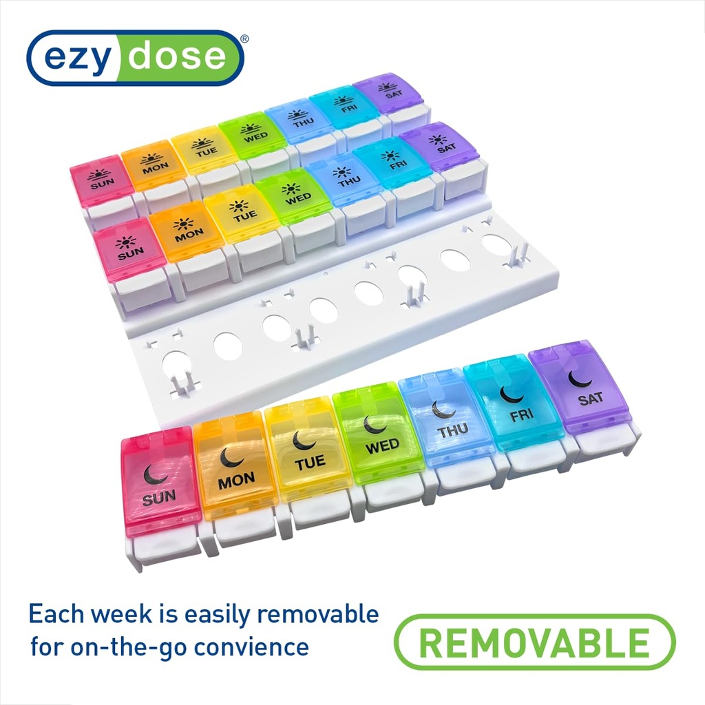 EZY DOSE Weekly (7-Day) Pill Case, Daily Medicine Planner, Vitamin Organizer Container, Large Push Button Compartments, Easy to Use, 3 Times a Day, Spring Open Design, Rainbow Lids, BPA Free 5