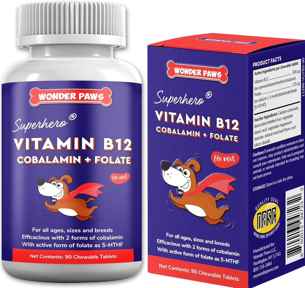 Wonder Paws B12 Supplement for Dogs – Vitamin B-12 for All Ages, Sizes & Breeds – Vitamin B12 for Dogs as Superior Methylcobalamin, Cobalamin & Folate (5-MTHF) – 90 Beef Flavored Chewables 2