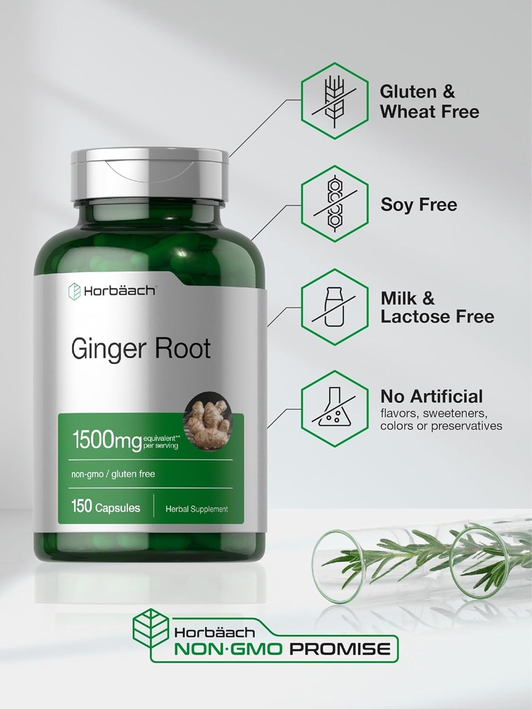 Horbäach Ginger Root Capsules 1500 mg | 150 Pills | Non-GMO, Gluten Free | Ginger Root Extract 6