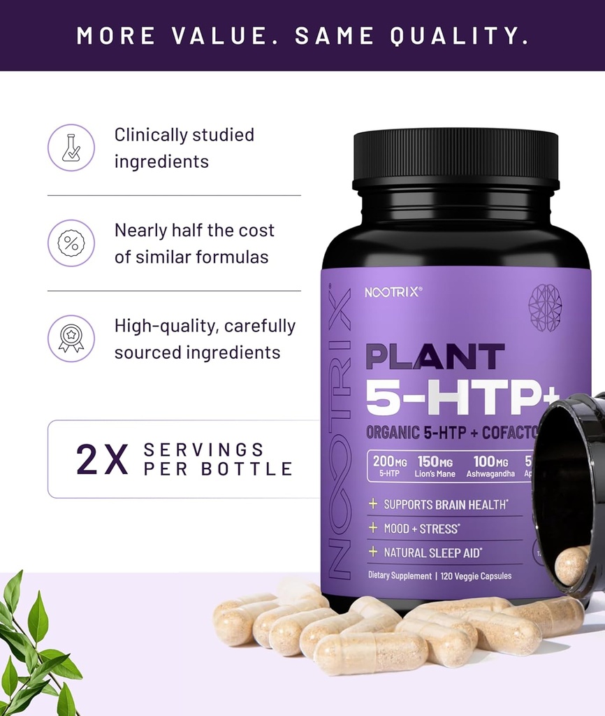 Nootrix Organic Plant 5 HTP+ Supplement | Supports Memory, Mental Focus, Cognitive Health & Energy | Promotes Healthy Mood & Brain Function | Vitamin B6 & L Theanine | 240 Capsules 6