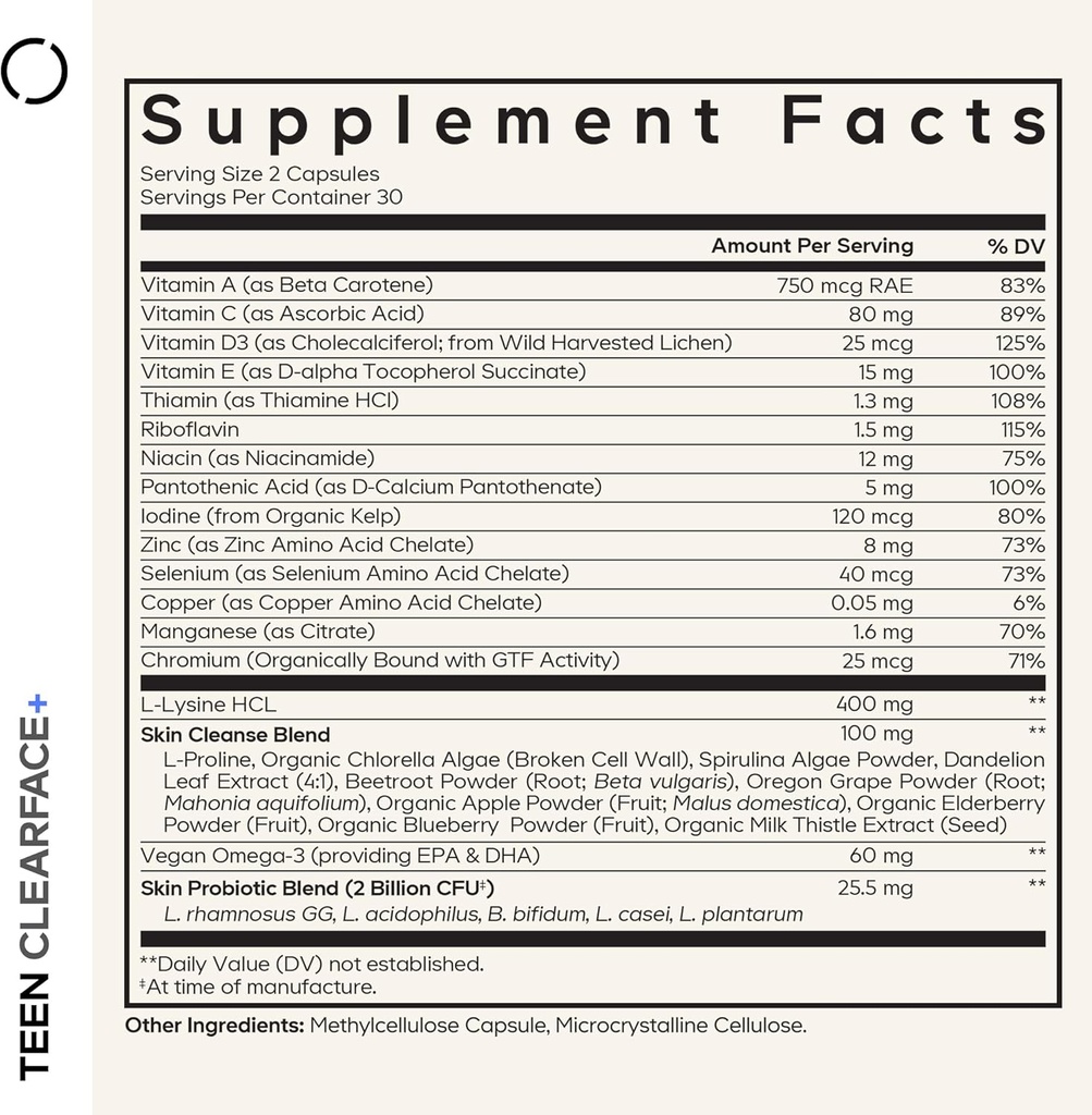 Codeage Teen Clearface Adolescent Face, Skin & Pimples, Vitamins A, C, D3, E, Pantothenic Acid, Niacin, Zinc Supplement Teenagers, Probiotics, L-Lysine, Omega-3, Oily Skin, Pores, Spots - 2 Pack 3
