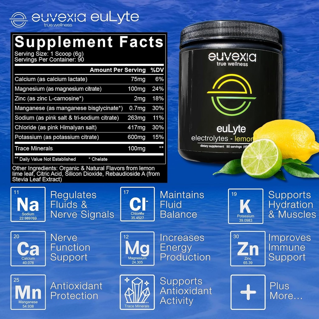 Dr Ekberg euLyte Instant Hydration Electrolytes Powder Zero Sugar Carb Calorie Lemon Lime Drink Mix • 80+ Minerals Magnesium Potassium Calcium Trace Minerals • Fasting Keto Stevia • 90 Servings 3