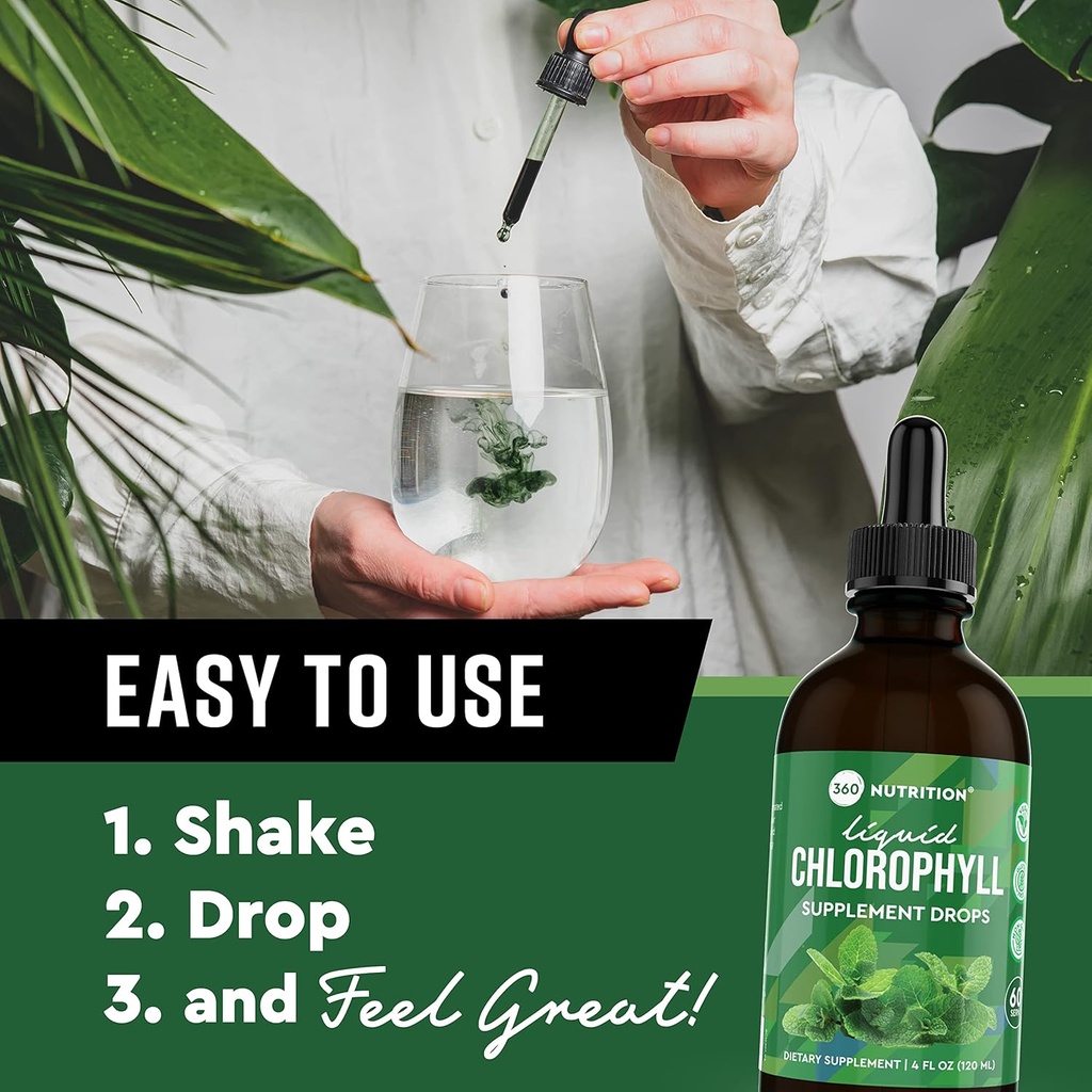 360 Nutrition Chlorophyll Liquid Drops with Peppermint Oil, GF & Vegan Body Internal Deodorant Supplement, Supports Gut Health, Digestion, Energy, Radiant Skin, Fast Absorption (4 Fl Oz (1 Count)) 5