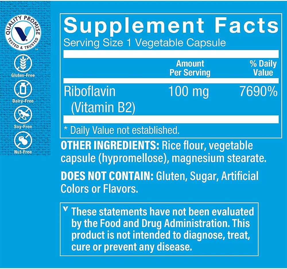 The Vitamin Shoppe Vitamin B2 (Riboflavin) 100mg - Energy Production & Nutrient Metabolism Support Supplement, Essential B Vitamin - Once Daily, Gluten Free (100 Capsules) 3