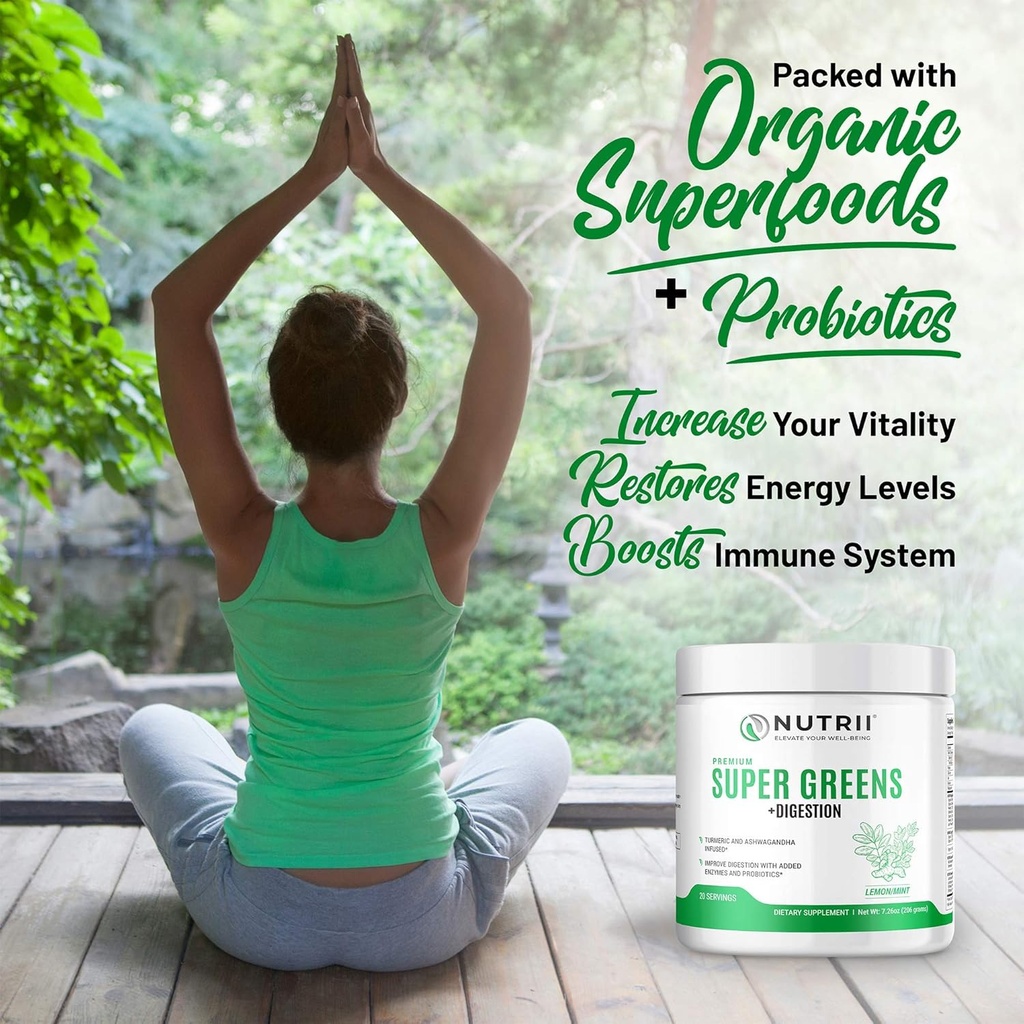 Organic Green Immunity Superfood Powder - Soothes Digestion, Boosts Healthy Vitality and Energy. Fast Acting Formula with Probiotics, Enzymes, Turmeric and Ashwagandha (30 Servings Lemon-Mint) 5