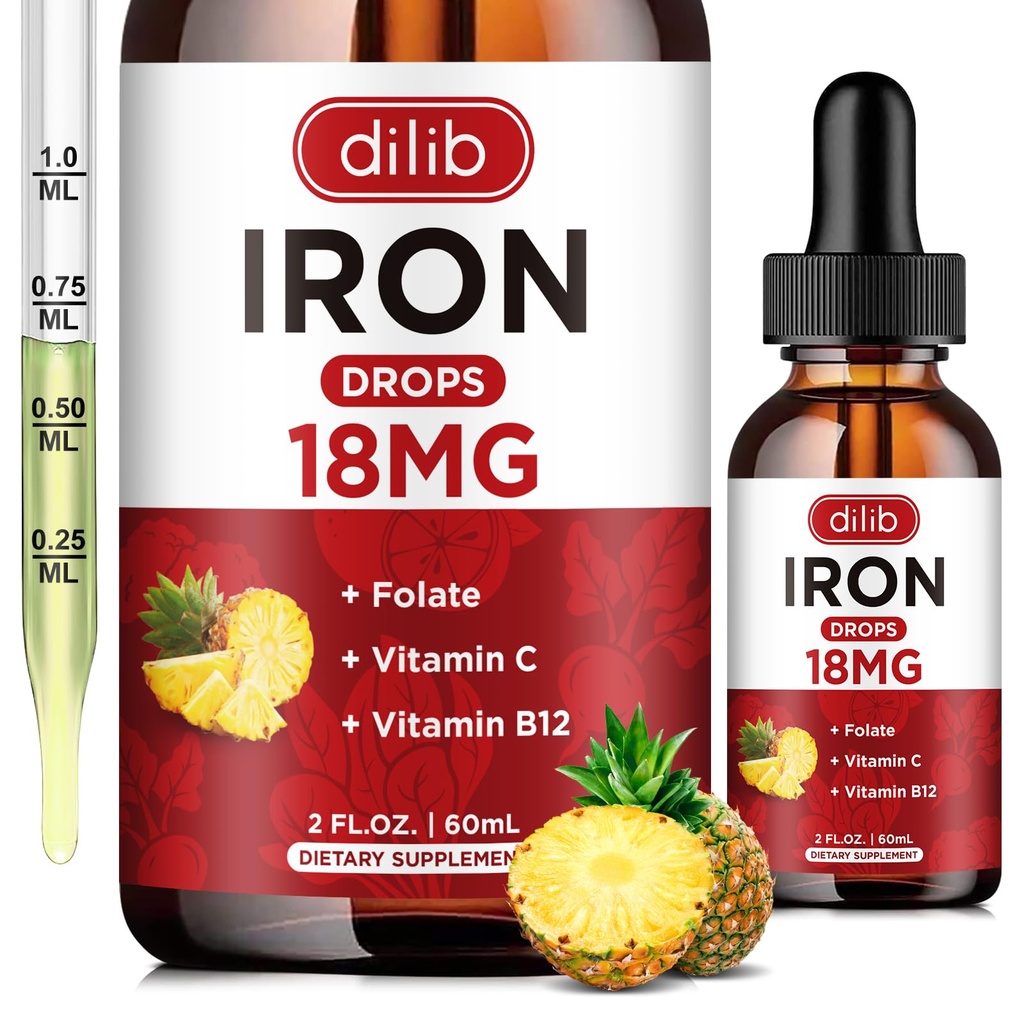 Flydende jerntilskud til kvinder & mænd jerndråber Jerntilskud til anæmi med folat, C-vitamin, B12 for røde blodceller Support-Ananaskasse, 2 Fl Oz