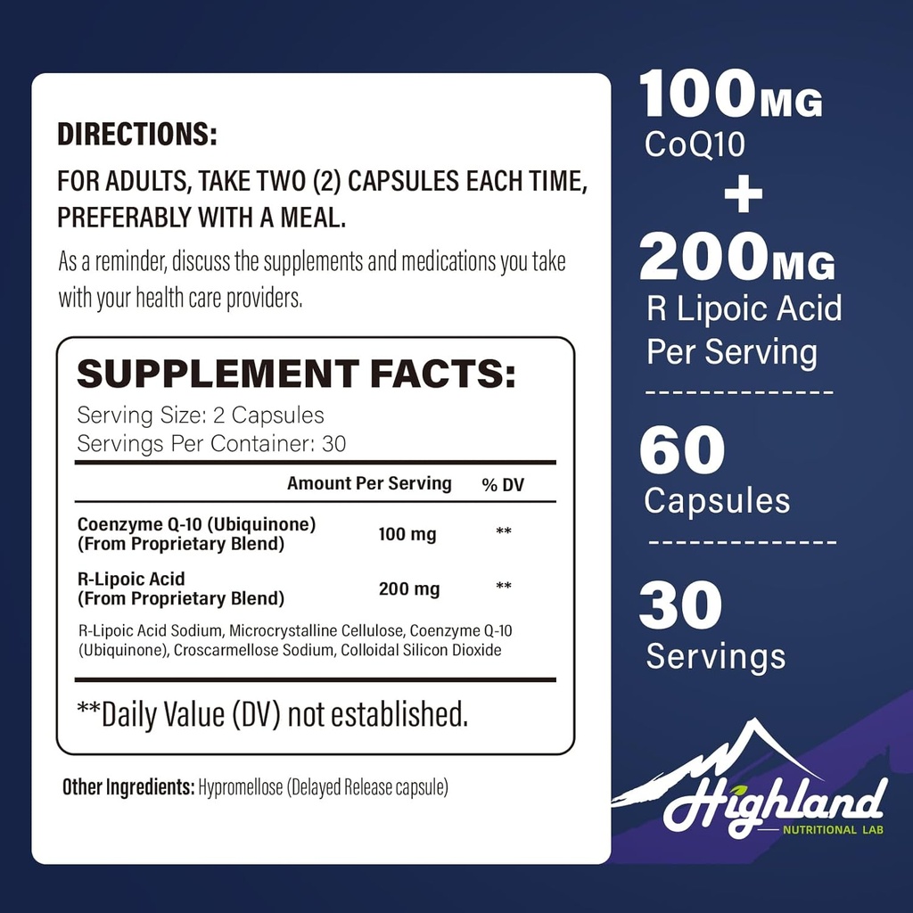 CoQ10 100mg + R- lipoinsyre 200mg per servering, 1 måned Tilgang, Op til 5X Forbedret Absorption, R- liposyre / CoQ10 Supplement for hjertesygdomme og kognitive health- 60 kapsler