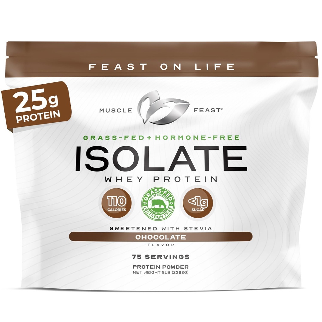 Muskel Feast Grass- Fed Whey Protein Isolate, Alle naturlige Hormone Free Pasture Raised, Whey Isolate Protein Powder for mænd og kvinder, Clean, Gluten- Free, Lækker Isolate Protein - Chokolade, 5lb