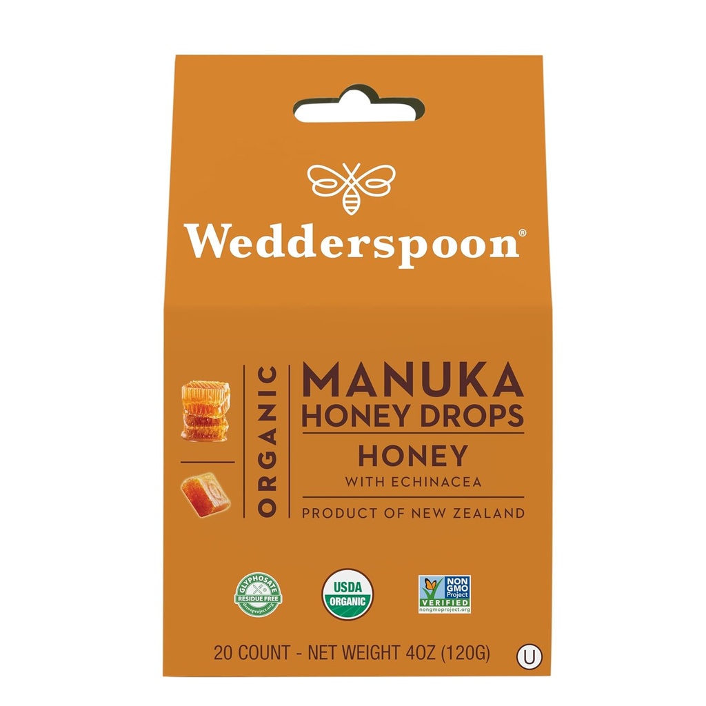 Wedderspoon Organic Manuka Honey Drops, Honey & Echinacea, 20 Count (Pack of 1) | Genuine New Zealand Honey | Perfect Remedy For Dry Throats