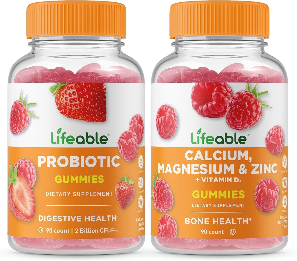 Levedygtig Probiotisk 2 Millioner CFU + Calcium, Magnesium, Zink & Vitamin D, Gummies Bundle - Great Tasting, Vitamin Supplement, Gluten fri, GMO fri, Chewable Gummy