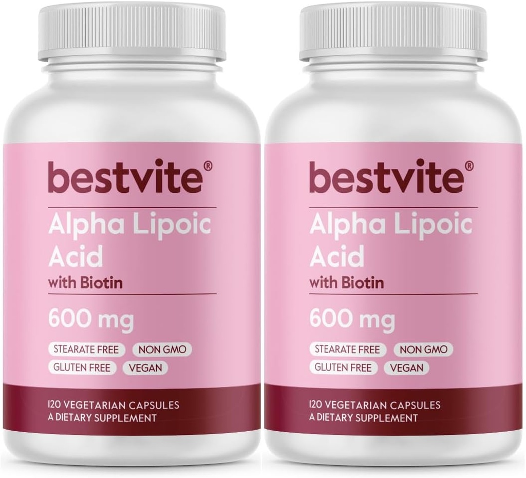Alpha Lipoic Acid 600 mg (per kapsel) med biotin for at forbedre absorptionen (240 Vegetariske kapsler) (2 x 120) No Fillers - No Stearates - No Flow Agents