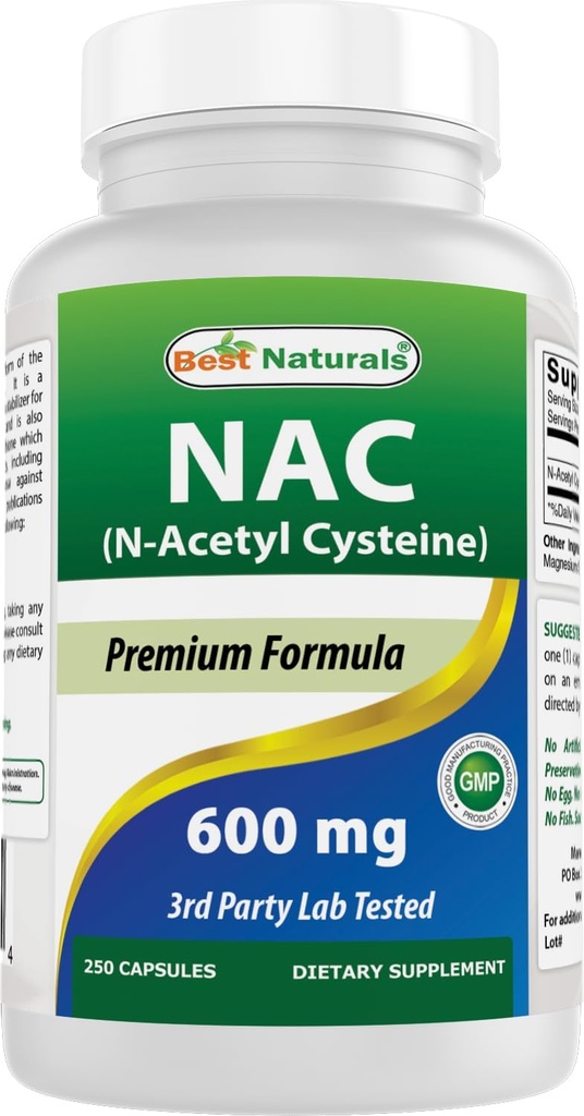 Bedste Naturals NAC - N Acetyl Cysteine 600 mg 250 Kapsler - n Acetyl cystein - Kraftfuld antioxidant