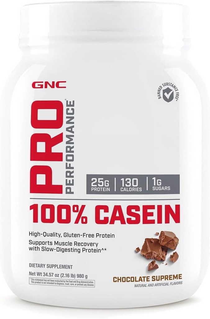 GNC Pro Performance 100% Casein Protein Powder, 25g Protein, Understøtter Vedvarende Muskel Styrke, Recovery, Slow Digesting, Gluten Free, 3. part testet, Chokolade Supreme, 28 Serveringer