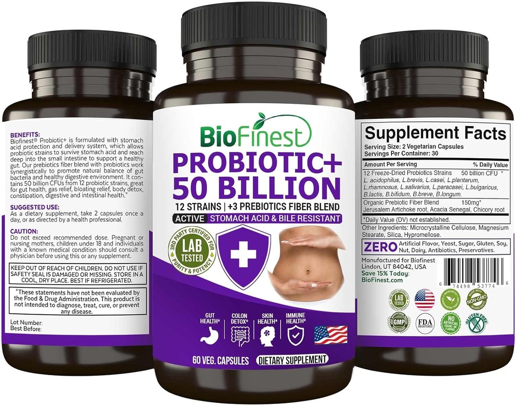 BioFinest Probiotic 50 Millioner CFU Enzyme Supplement - 12 Probiotika Strops med 3 naturlige Prebiotika - Gut fordøjelse Detox Gas Bloating Constibution - Acidophilus for Mænd Kvinder (60 Veg. caps)