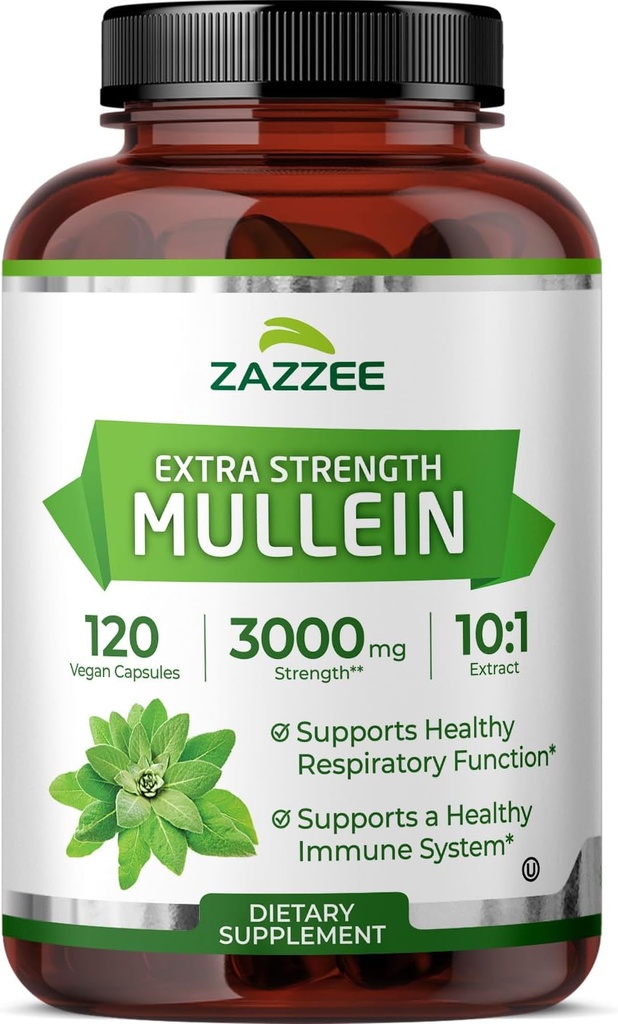 Zazzee Extra Strength Mullein 10: 1 Extract, 3000 mg Strength, 120 Vegankapsler, 4 Måned Supply, Standardized 10X Extract, 100% Pure Leaf Powder, All- Natural og Non- GMO, Made in The USA