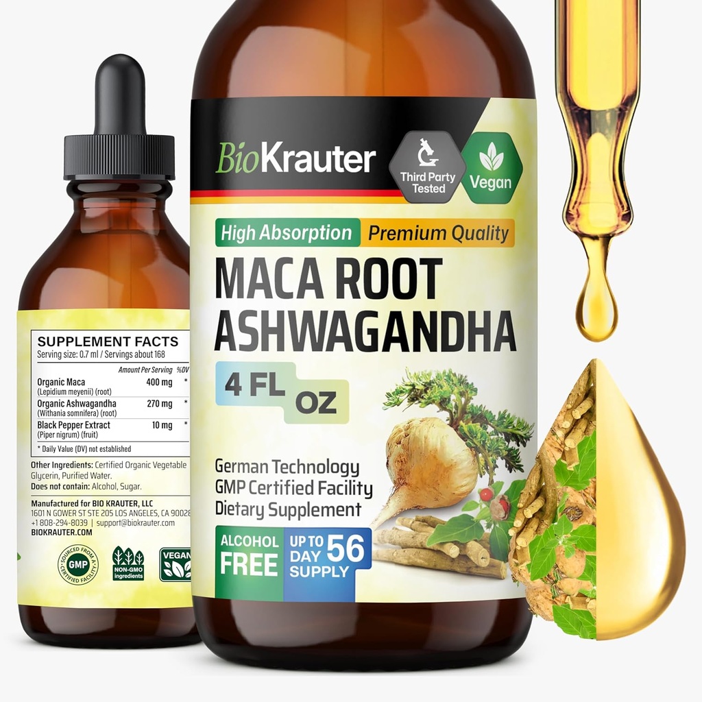 BIO KRAUTER Maca Root og Ashwagandha Tincture - Maca & Ashwagandha Kosttilskud til mænd og kvinder - Adaptogen Væske Supplement til Mood Support - Alkohol og sukker fri Vegansk Drops 4 Fl.Oz.