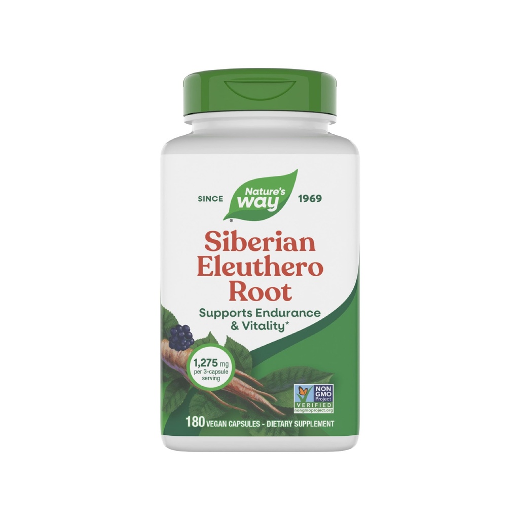 Nature 's Way Premium Herbal Siberian Eleuthero Root Supplement, Understøtter Endurance & Vitality *, Adaptogen *, 1,275mg pr 3-Capsule Serving, Non- GMO projekt Verified, 180 Kapsler (Packaging May Vary)